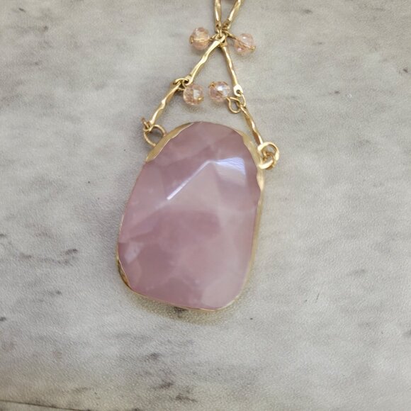 Gold Tone Necklace Faceted Rose Quartz Pendant Crystal Beads Layered Chain 18in - Picture 5 of 10